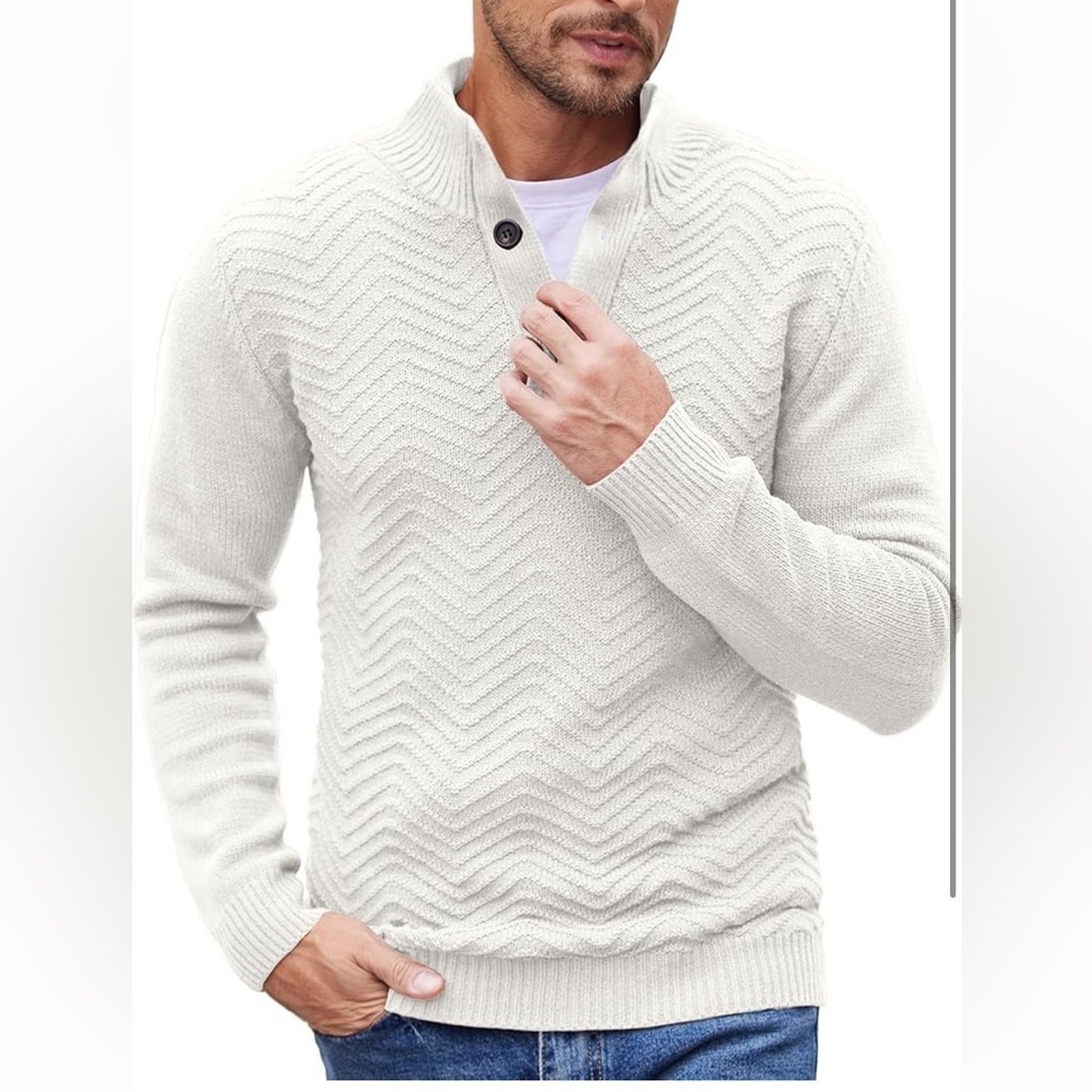 NWT mens coofandy cream 3 button up long sleeve textured sweater size large